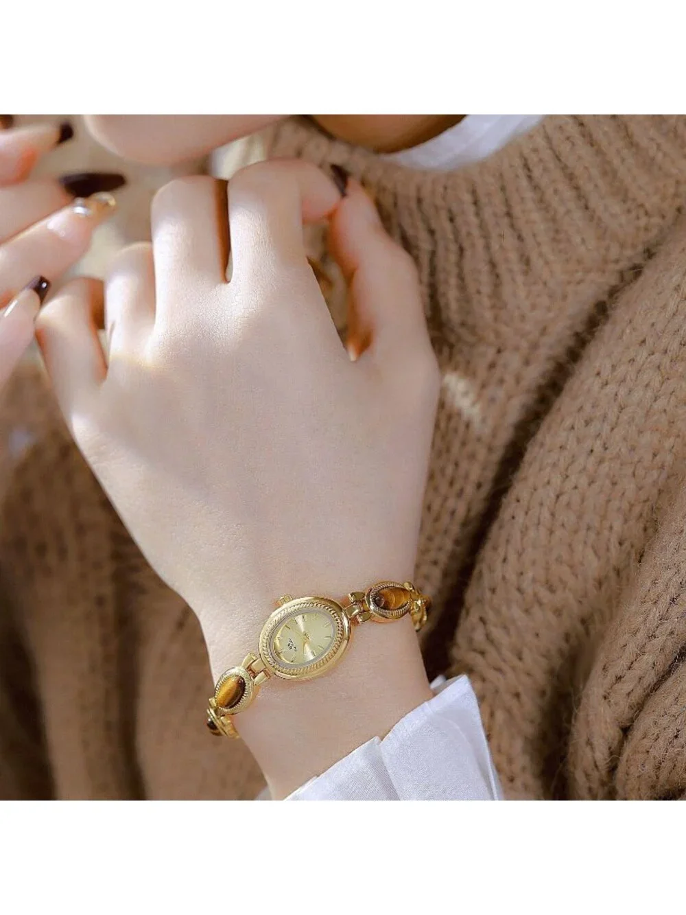 Women's Gold Brown Analog Quartz Waterproof Oval Dainty Vintage Bracelet Watch